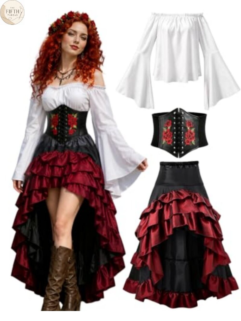 Renaissance Pirate Wench Costume Corset Skirt Blouse Women